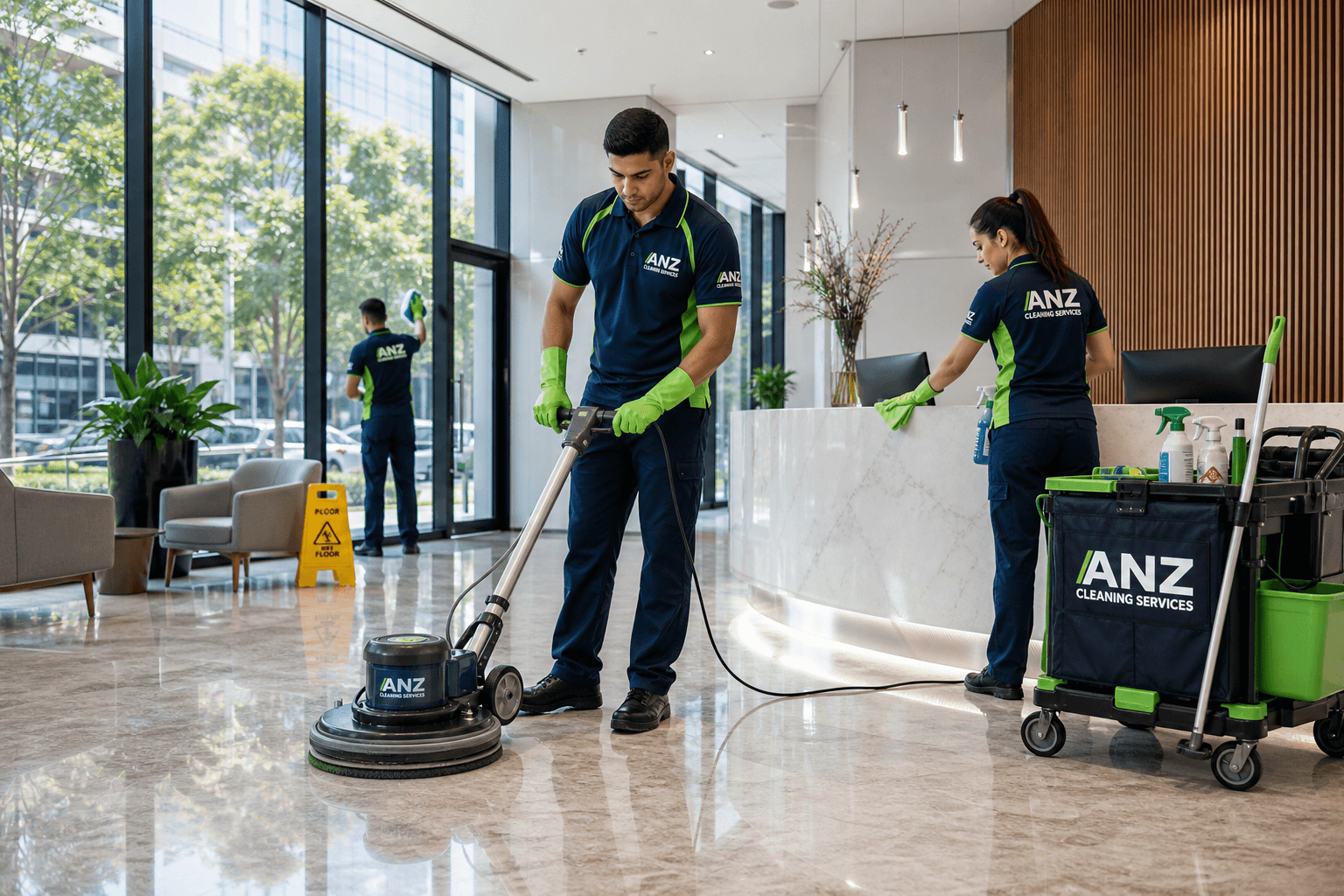 Commercial Cleaning Professional with Cleaning Supplies