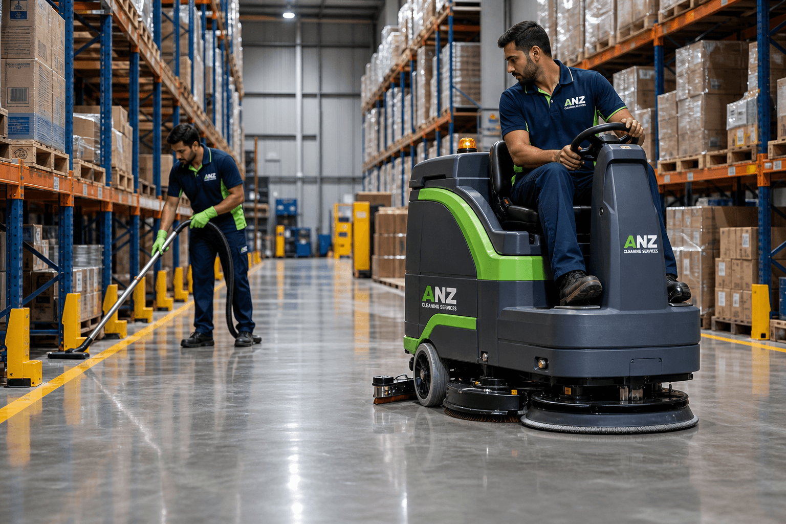 Warehouse Cleaning Professional with Cleaning Supplies